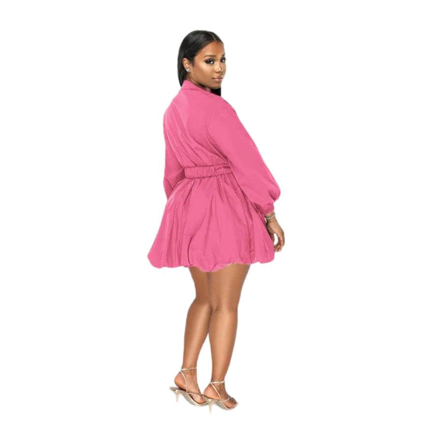 Vestito Collo a V Cintura a Maniche Lunghe Mini Abito Tinta Unita con Volant Gonna a Trapezio da Donna Taglie Forti Stile Elegante