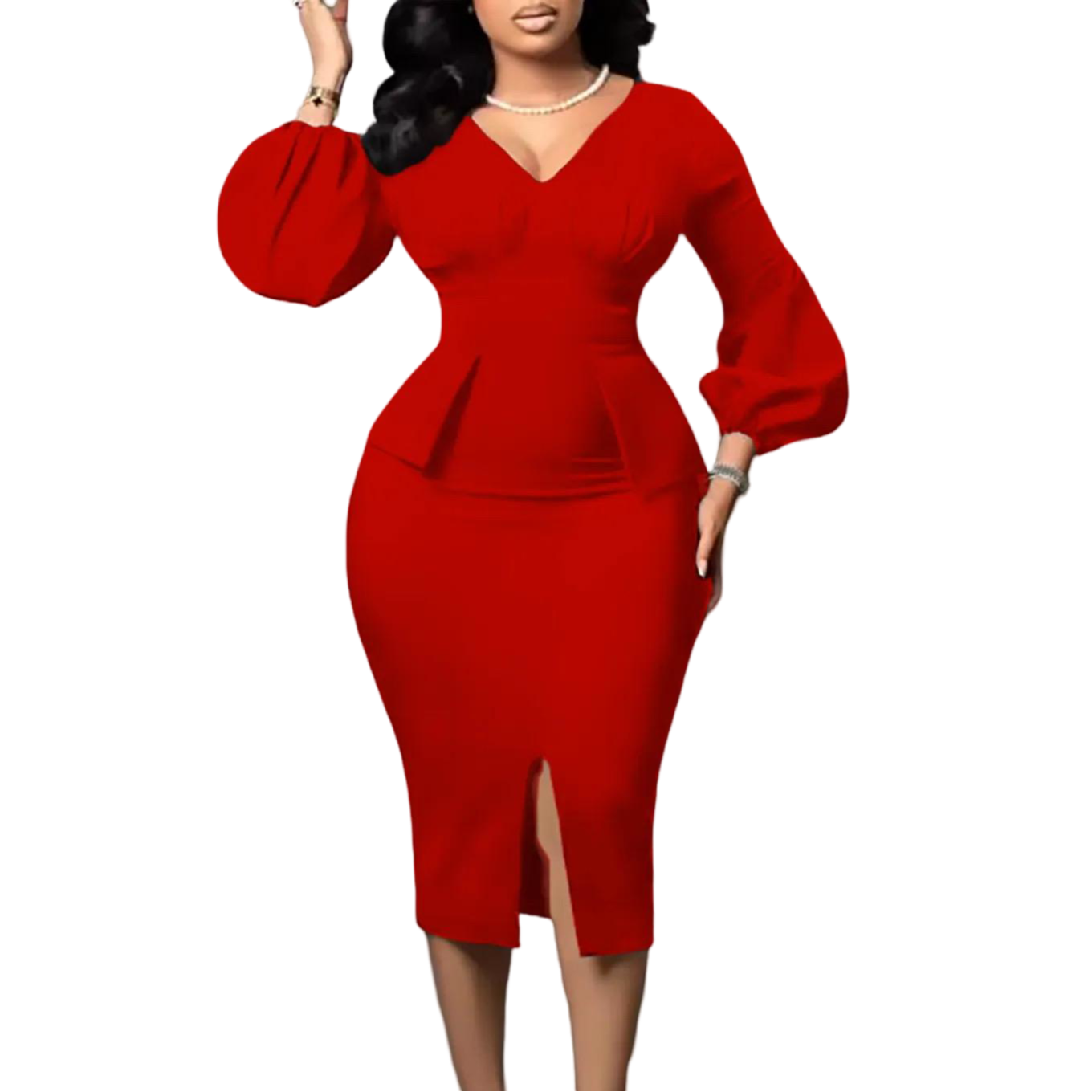 Stile Elegante Solido Slim Fit Matita Vestito Lungo Manica a Sbuffo Fessura Temperamento Carriera Ufficio Plus Size da Donna