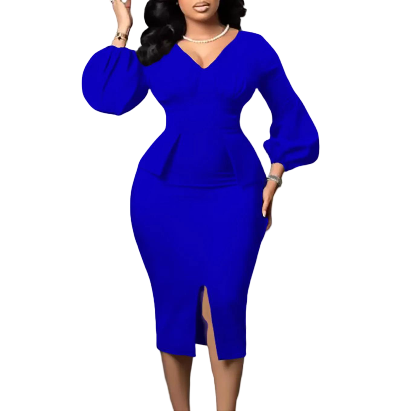 Stile Elegante Solido Slim Fit Matita Vestito Lungo Manica a Sbuffo Fessura Temperamento Carriera Ufficio Plus Size da Donna