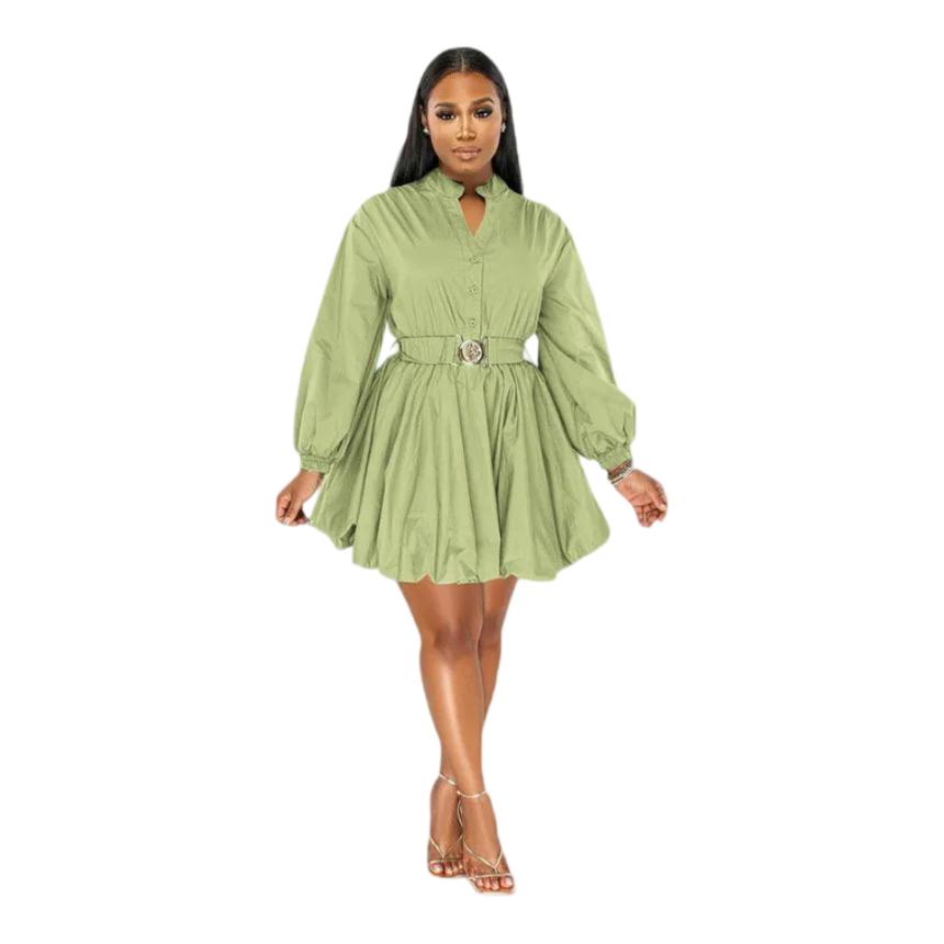 Vestito Collo a V Cintura a Maniche Lunghe Mini Abito Tinta Unita con Volant Gonna a Trapezio da Donna Taglie Forti Stile Elegante
