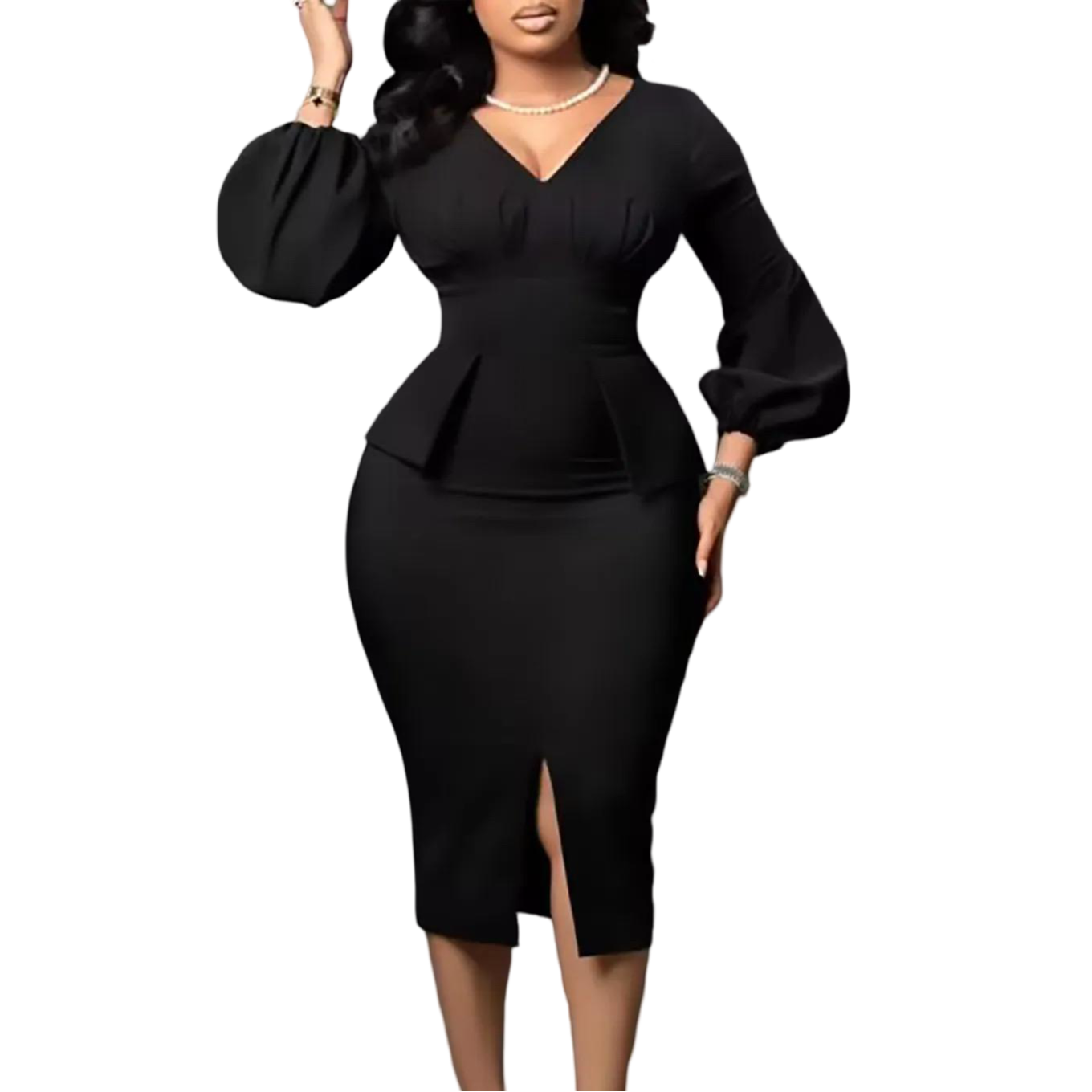 Stile Elegante Solido Slim Fit Matita Vestito Lungo Manica a Sbuffo Fessura Temperamento Carriera Ufficio Plus Size da Donna