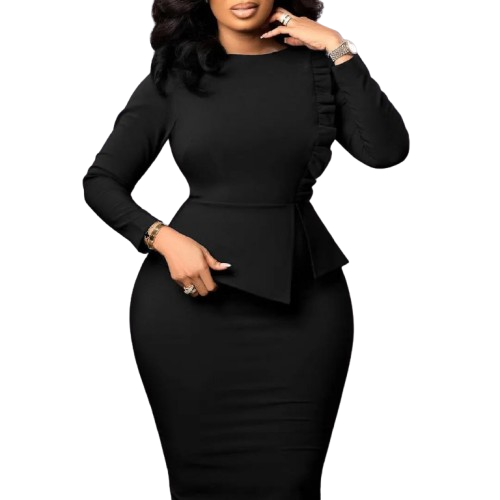COLORE NERO Stile Elegante Solido Slim Fit Matita Vestito Lungo Manica a Sbuffo Fessura Temperamento Carriera Ufficio Plus Size da Donna