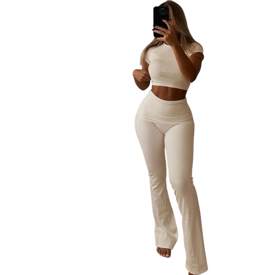 Stile Elegante Completo Sportivo Donna Tuta da Ginnastica 2 Pezzi Tinta Unita Crop Top Manica Corto Collo Rotondo + Pantaloni larghi a vita alta