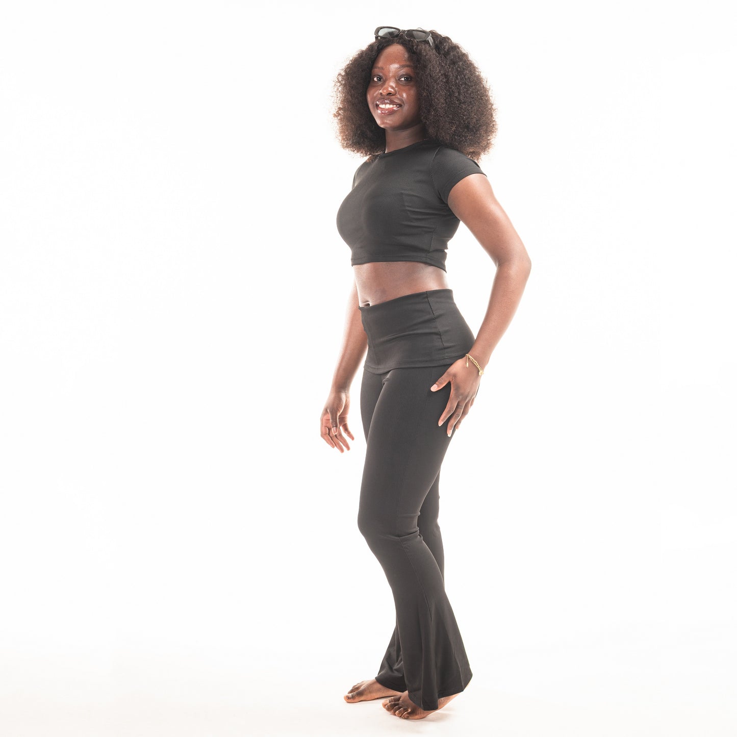 Stile Elegante Completo Sportivo Donna Tuta da Ginnastica 2 Pezzi Tinta Unita Crop Top Manica Corto Collo Rotondo + Pantaloni larghi a vita alta