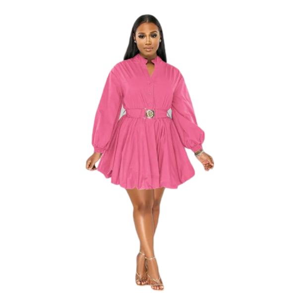Vestito Collo a V Cintura a Maniche Lunghe Mini Abito Tinta Unita con Volant Gonna a Trapezio da Donna Taglie Forti Stile Elegante