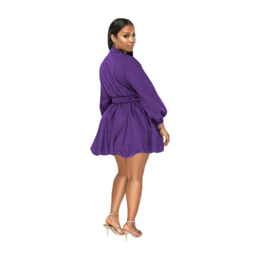 Vestito Collo a V Cintura a Maniche Lunghe Mini Abito Tinta Unita con Volant Gonna a Trapezio da Donna Taglie Forti Stile Elegante