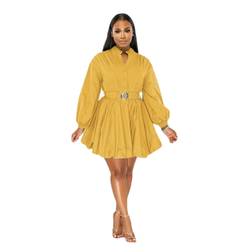 Vestito Collo a V Cintura a Maniche Lunghe Mini Abito Tinta Unita con Volant Gonna a Trapezio da Donna Taglie Forti Stile Elegante